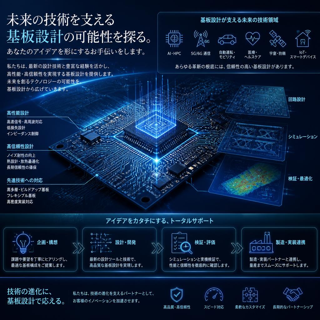 未来の技術を支える基板設計の可能性を探る。あなたのアイデアを形にするお手伝いをします。